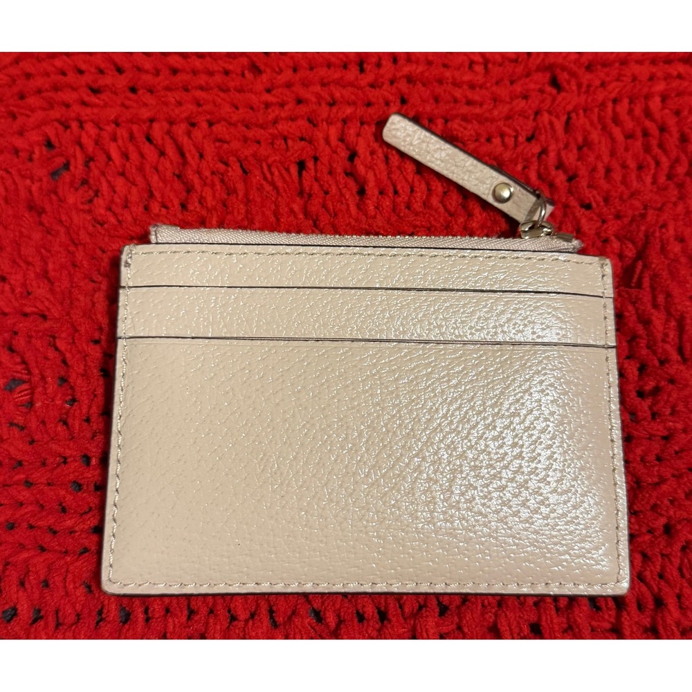 Kate Spade New York Pebbled Leather Slim Zip Card Holder Wallet Beige Gold Logo - Picture 3 of 4